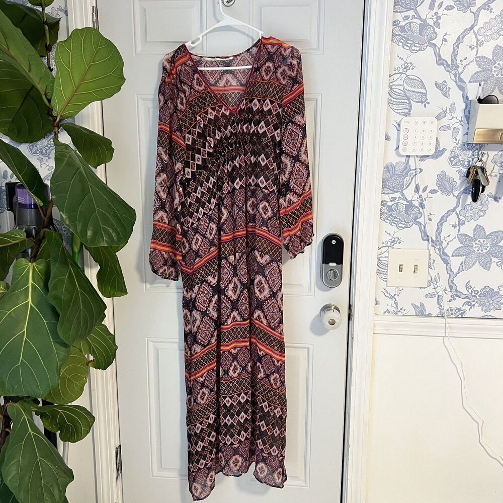 Twelfth Street Cynthia Vincent Boho Geometric Sheer Maxi Dress Silk-Size L